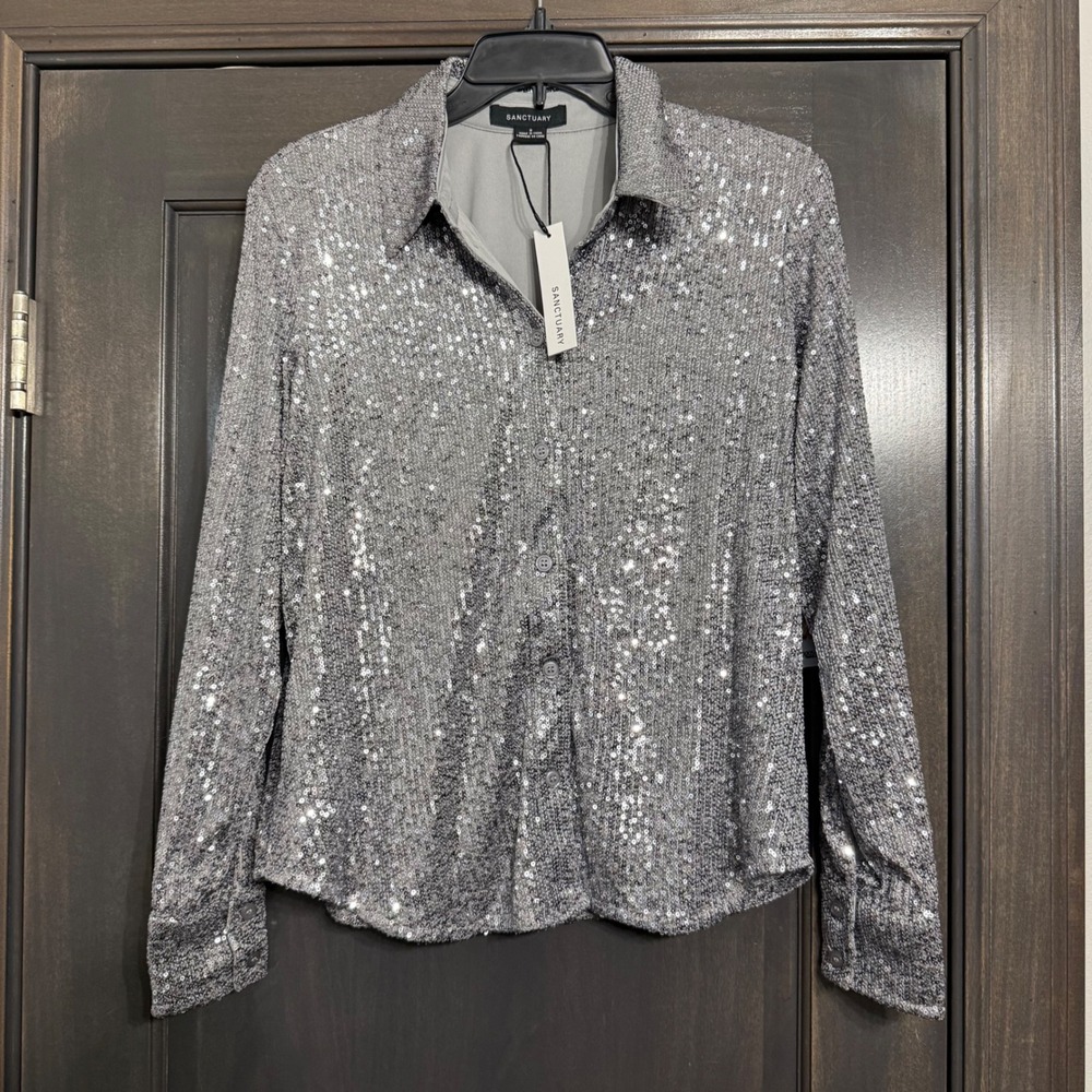 Sanctuary NWT Womens Silver Sequin Button Down Long Sleeve Shirt CT3160CE3 S